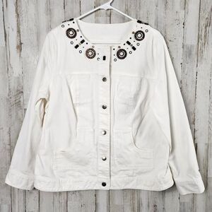 JM Collections Embellished Denim Jacket  White Size 14